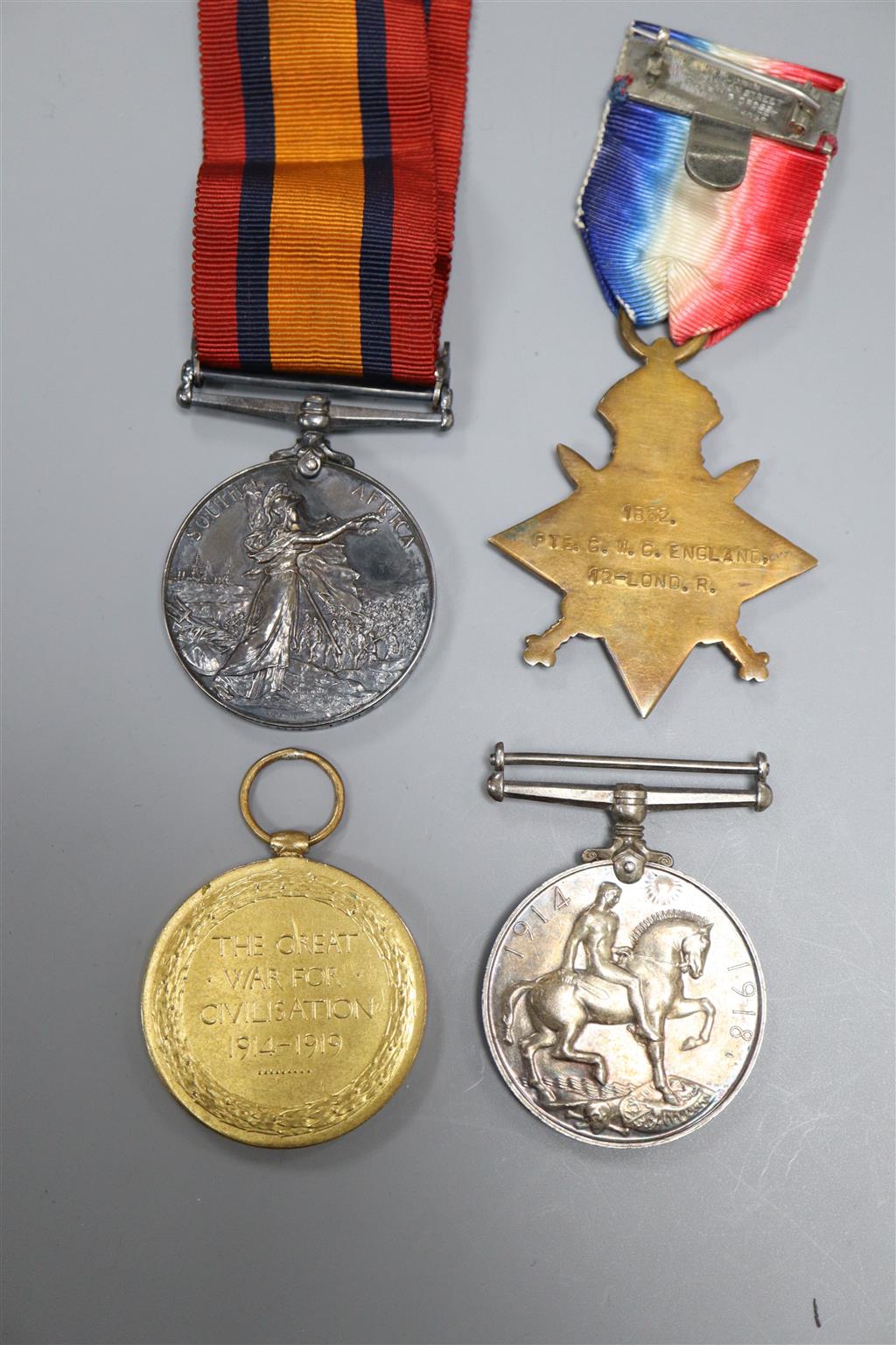 A medal group to Pte. C. England, W. Surrey Regt., comprising Queens South Africa medal with Natal clasp